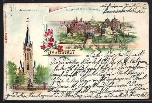 Lithographie Darmstadt, Schloss mit dem Glockenbau, Johanniskirche