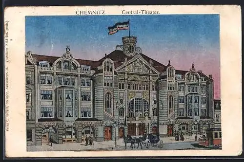 Seiden-Imitations-AK Chemnitz, Central-Theater mit Kutsche und Strassenbahn