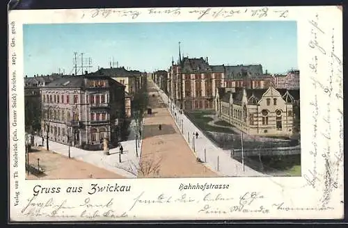 Lithographie Zwickau, Blick auf die Bahnhofstrasse