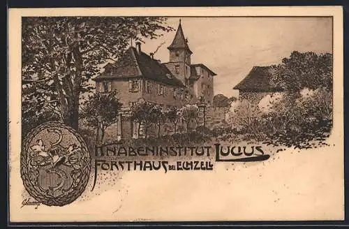 Lithographie Echzell, Knabeninstitut Lucius - Gebäude, Wappen