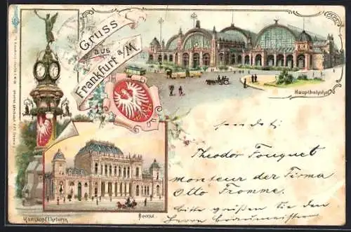 Lithographie Frankfurt /Main, Hauptbahnhof und Börse