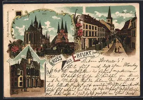 Lithographie Erfurt, Rathaus, Anger und Dom