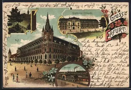 Lithographie Erfurt, Regierungs-Gebäude, Post, Bahnhof