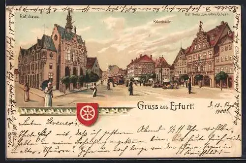 Lithographie Erfurt, Rathaus, Rolandsäule und Hist. Haus zum rothen Ochsen