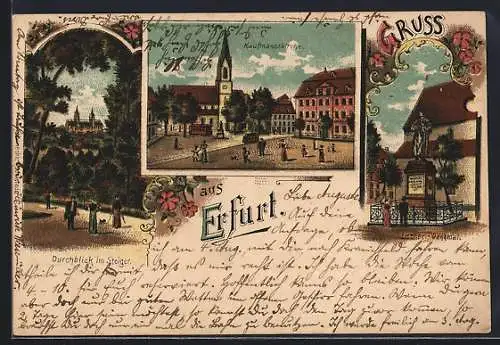 Lithographie Erfurt, Kaufmannskirche, Luther-Denkmal