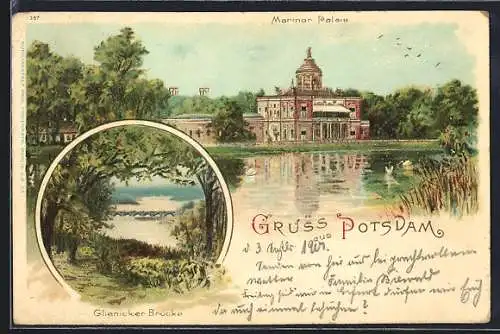 Lithographie Potsdam, Blick zur Glienicker Brücke, Marmor-Palais vom Wasser gesehen