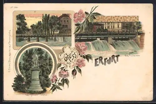 Lithographie Erfurt, Die Gerinnigsbrücke, Pulverwehr und Reichardt`s Denkmal