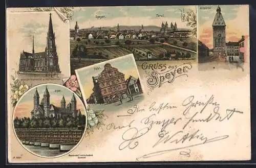 Lithographie Speyer, Post, Dom, Gedächtniskirche und Altpörtel