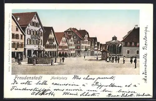 Goldfenster-AK Freudenstadt, Marktplatz mit Brunnen und Pavillon