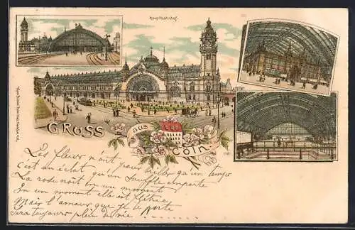 Lithographie Köln, Hauptbahnhof, 4 Aussen- & Innen-Ansichten