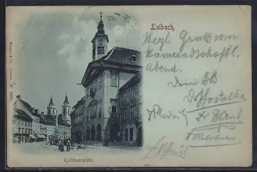 Mondschein-AK Laibach, Rathausplatz mit Denkmal