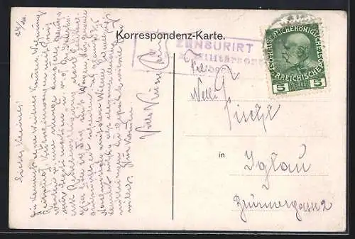 Künstler-AK Laibach, Strassenpartie mit Festung und Strassenbahn