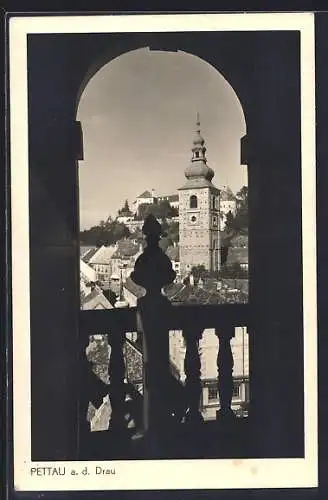 AK Pettau a. d. Drau, Ortspartie vom Fenster aus gesehen