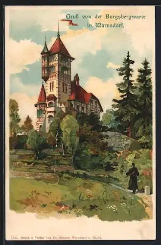 Lithographie Warnsdorf / Varnsdorf, Burgsbergwarte mit Parkanlage