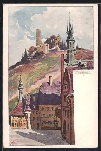 Künstler-AK Carl Biese: Weinheim / Bergstrasse, Strassenpartie mit Blick zur Ruine