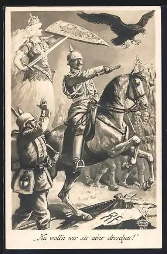 Künstler-AK Friedrich Kaskeline: Nu woll`n wir sie aber dreschen!, Kaiser Wilhelm II.