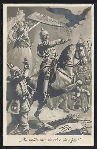 Künstler-AK Friedrich Kaskeline: Kaiser Wilhelm II. mit seinen Soldaten und Germania im Gefecht