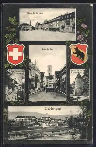 AK Delemont, Rue de fer, Place de la Gare, Ortsansicht, Wappen