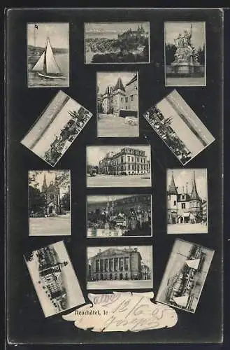 AK Neuchatel, Denkmal, Tor, Kirche, Panorama