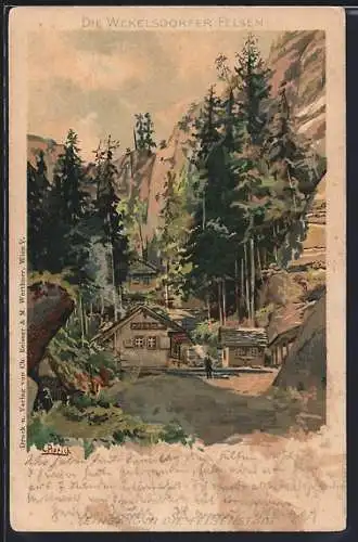 Lithographie Wekelsdorf, Häuser an den Wekelsdorfer Felsen