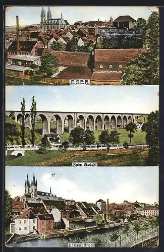 AK Eger, Unterer Anger, Bahn-Viadukt, Teilansicht mit Kirche