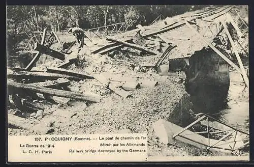 AK Picquigny, Le pont de chemin de fer détruit par les Allemands pendant la guerre de 1914