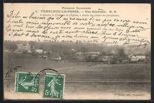 AK Templeux-la-Fosse, Vue générale avec le clocher et les usines de phosphates