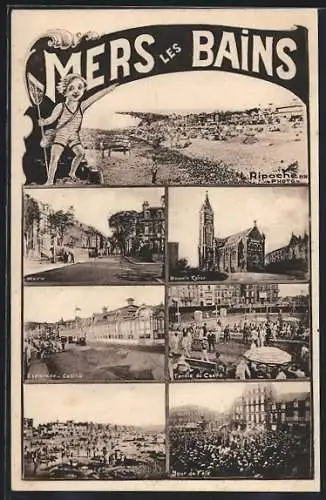 AK Mers-les-Bains, Multivues: Plage, Église, Casino et Fête