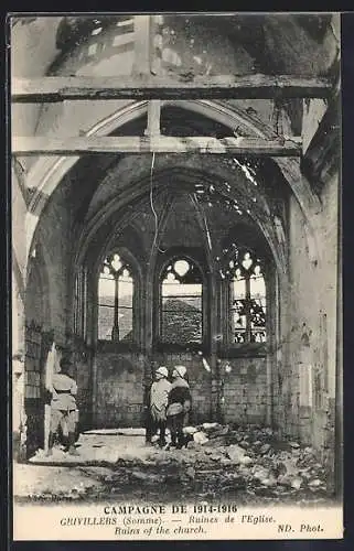 AK Grivillers, Ruines de l`église après la campagne de 1914-1916