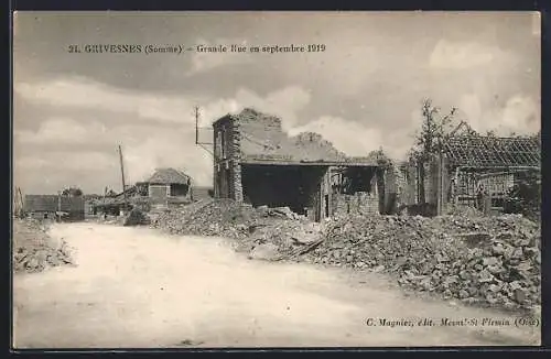 AK Grivesnes, Grande Rue en septembre 1919