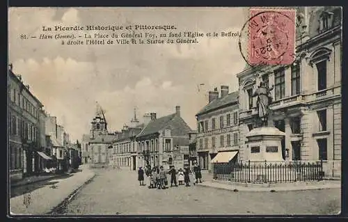 AK Ham, Place du Général Foy avec l`église, le beffroi, l`hôtel de ville et la statue du général