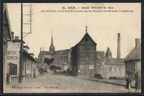 AK Ham, Grands Moulins détruits avec le Pont de la Somme par les Allemands le 19 Mars 1917