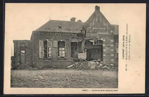 AK Marquivillers, L`école et la Mairie endommagées pendant la guerre 1914-1916