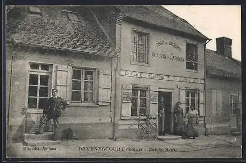 AK Davenescourt, Rue St-Martin mit Épicerie und Personen vor dem Laden