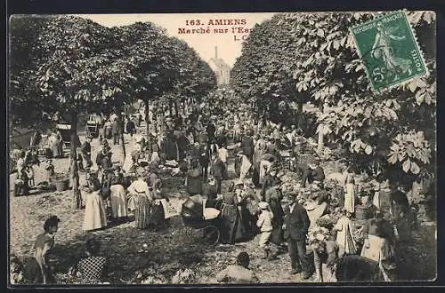 AK Amiens, Marché animé sur l`eau avec foule sous les arbres