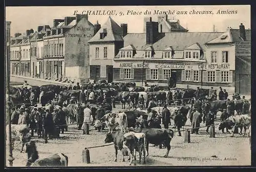AK Amiens, Place du Marché aux chevaux animée avec foule et bétail devant l`auberge et café restaurant