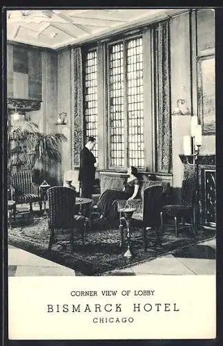 AK Chicago, IL, Bismarck Hotel, Corner view of Lobby