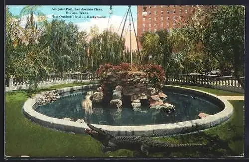 AK El Paso, TX, Alligator Pool, San Jacinto Plaza, New Orndorff Hotel in background