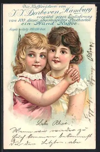 Lithographie Hamburg, Kaffeerösterei von Darboven, süsse Mädchen
