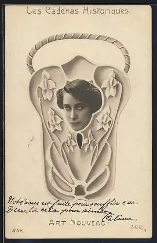 AK Les Cadenas Historiques, Art Nouveau, Frauenportrait auf Bügelschloss