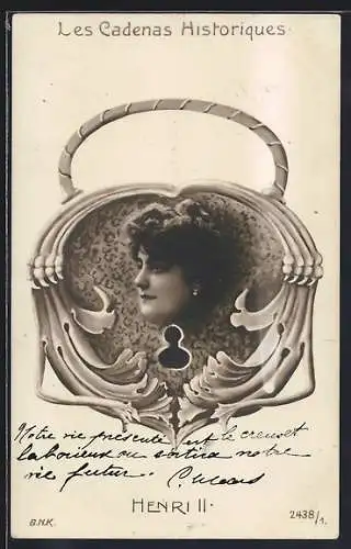 Fotomontage-AK Les Cadenas Historiques, Henri II., Frauenportrait auf Schloss