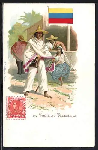 Lithographie La Poste au Venezuela, Postbote, Falgge, Briefmarke