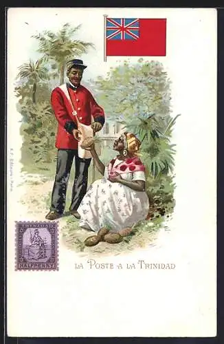 AK La Poste a la Trinidad, Postbote erhält eine Ananas von einer Frau, britische Fahne, Briefmarke