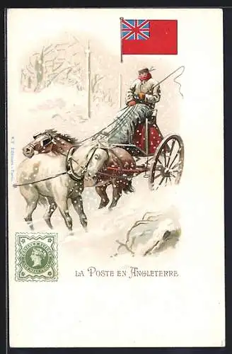 AK La Poste en Angleterre, Pferdegespann im Winter, britische Fahne, Briefmarke