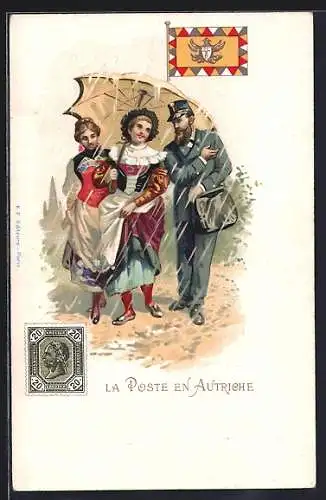 AK Österreich, Zwei Damen nehmen den Briefboten mit unter ihren Regenschirm, Flagge, Briefmarke