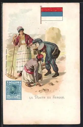 Lithographie La Poste en Serbie, Briefträger aus Serbien