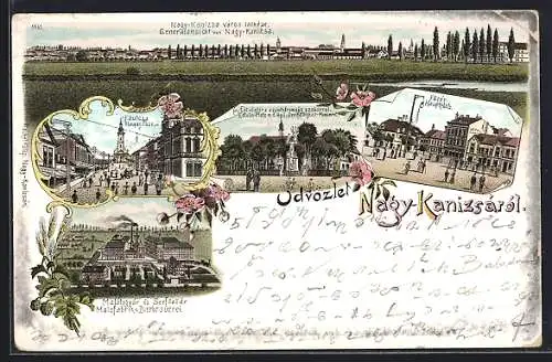Lithographie Nagy-Kanizsá, Hauptgasse, Malzfabrik und Bierbrauerei, Eötvös-Platz und Hauptplatz