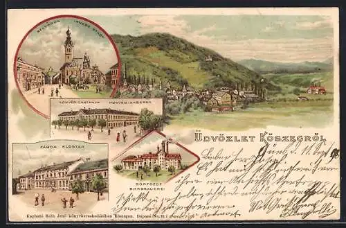 Lithographie Köszeg, Zarda-Kloster, Söfözde-Bierbrauerei, Belvaros-Innenstadt