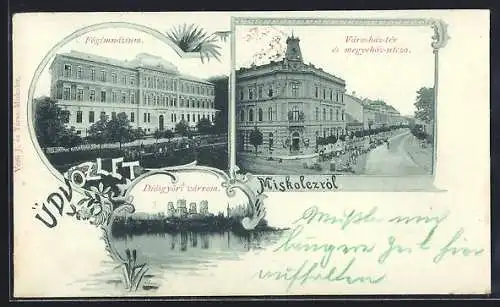 AK Miskolez, Fögimnázium, Városház-tér és magyeház-utcza, Diósgyöri várrom