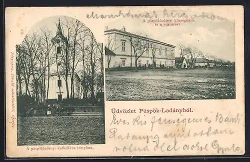 AK Püspök-Ladány, A püspökladányi katholikus templom, A püspökladányi községháza és a városrész
